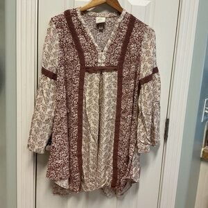 Knox Rose SZ XS Women’s Boho Tunic Top Crochet Detail Bell Sleeve Bohemian